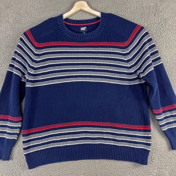 Lands End Sweater Mens XL Blue Striped Drifter Outdoor Preppy‎ Pullover Office - Picture 1 of 11